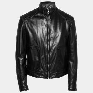 Salvatore Ferragamo Black Leather Ribbed Biker Jacket L 