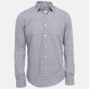 Salvatore Ferragamo Navy Blue Geometric Printed Cotton Shirt M