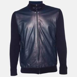 Salvatore Ferragamo Navy Blue Leather & Wool Knit Zip Front Jacket M