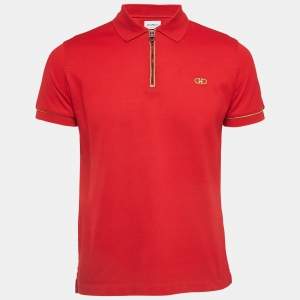 Salvatore Ferragamo Red Cotton Zip Detail Polo T-shirt M