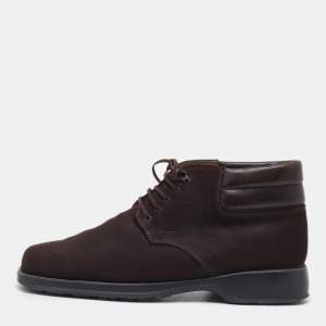 Salvatore Ferragamo Dark Brown Suede Lace Up Mid Sneakers Size 41.5