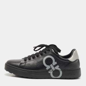 Salvatore Ferragamo Black/Silver Leather Gancini Lace Up Sneakers Size 40