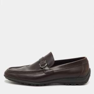 Pre Owned Salvatore Ferragamo Dark Brown Leather Gancio Slip On Loafers Size 43