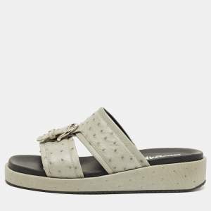 Pre Owned Salvatore Ferragamo Grey Ostrich Lutfi Platform Slide Sandals Size 40.5