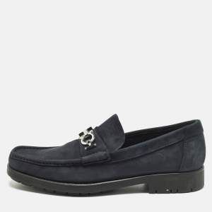 مملوكة مسبقًا Salvatore Ferragamo Gancini Size 43 Navy Blue Nubuck Leather Slip On Loafers