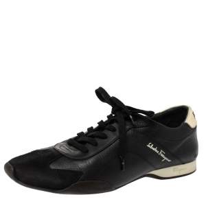 Salvatore Ferragamo Black Leather And Suede Low Top Sneakers Size 42.5