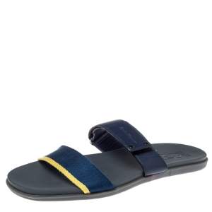 Salvatore Ferragamo Blue Leather And Canvas Slide Flats Size 44