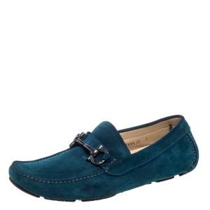 مملوكة مسبقًا Salvatore Ferragamo Teal Blue Suede Gancio Bit Loafers Size 41