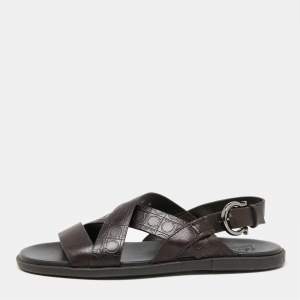 Salvatore Ferragamo Dark Brown Gancini Embossed Leather Cross Strap Sandals Size 40