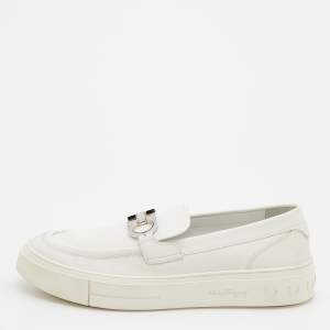 Salvatore Ferragamo White Leather Gancini Slip On Sneakers Size 44.5