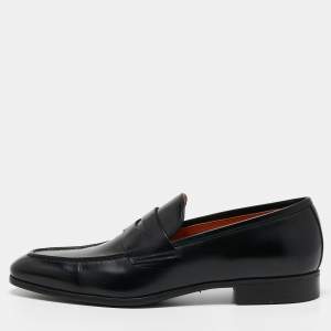 Santoni Black Leather Penny Slip On Loafers Size 43
