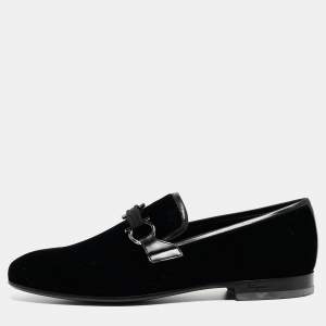 Pre Owned Salvatore Ferragamo Black Velvet and Leather Gancini Slip On Loafers Size 43