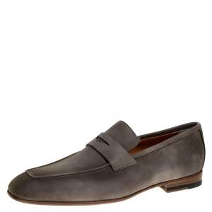 Santoni Grey Nubuck Leather Penny Slip On Loafers Size 40.5