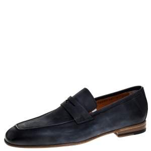 Santoni Blue Nubuck Leather Penny Slip On Loafers Size 41