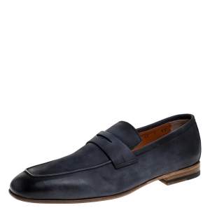 Santoni Blue Nubuck Leather Penny Slip On Loafers Size 40.5