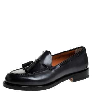 Santoni Grey Leather Tassel Detail Slip On Loafers Size 40