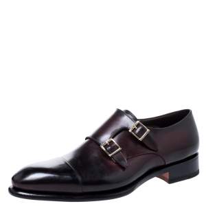 Santoni Burgundy Leather Double Buckle Derby Monk Size 41.5