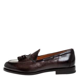 Santoni Brown Leather Tassel Detail Slip On Loafers Size 40.5