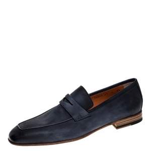 Santoni Blue Nubuck Leather Penny Slip On Loafers Size 42.5