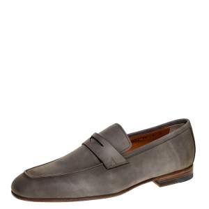 Santoni Grey Nubuck Leather Penny Slip On Loafers Size 41