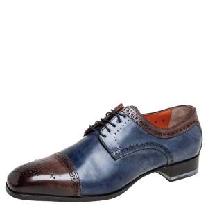 Santoni Blue/Brown Brogue Leather Lace Up Derby Size 43