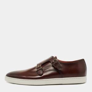 Santoni Brown Leather Freemont Monk Strap Sneakers Size 44.5