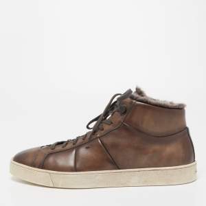 Santoni Brown Leather And Fur High Top Sneakers Size 44