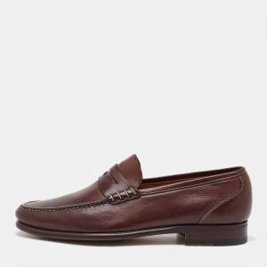 Santoni Dark Brown Leather Slip On Loafers Size 40.5