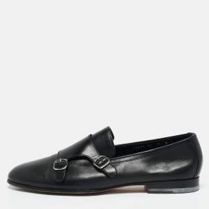 Santoni Black Leather Double Buckle Monk Derby Size 42