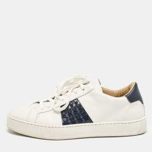 Santoni White/Navy Blue Leather Donni Lace Up Sneakers Size 42