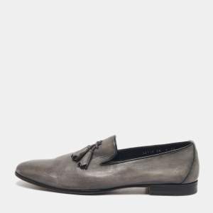 Santoni Grey Leather Tassel Detail Slip On Loafers Size 44