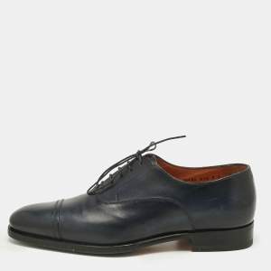 Pre Owned Santoni Navy Blue Leather Goodyear Oxfords Size 41