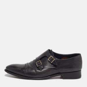 مملوكة مسبقًا Santoni Size 44.5 Black Leather Monk Strap Derby