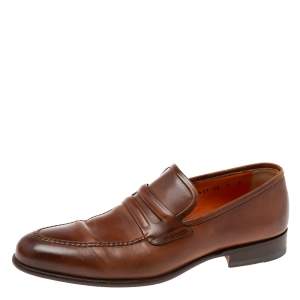 Santoni Brown Leather Penny Slip-on Loafers Size 42