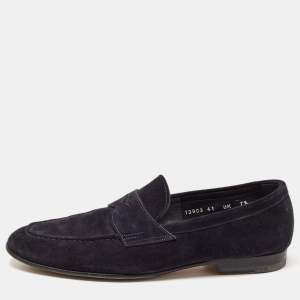 Santoni Navy Blue Suede Penny Slip On Loafers Size 41.5