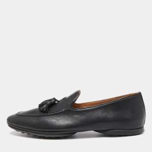 Santoni Black Leather Fringe Tassel Detail Slip On Loafer Size 43