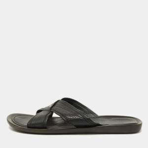 Sergio Rossi Black Leather Cross Strap Flat Sandals Size 44.5