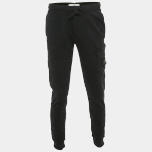 Pre Owned Stone Island Black Cotton Logo Applique Fleece Jogger Pants S