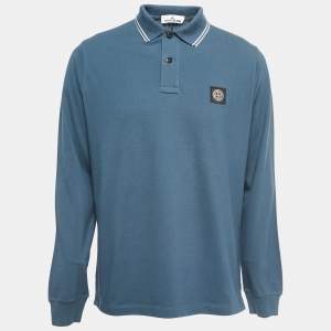 Stone Island Blue Cotton Pique Full Sleeve Polo T-Shirt XL