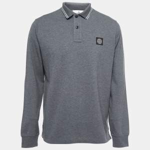 Stone Island Grey Cotton Pique Full Sleeve Polo T-Shirt XL