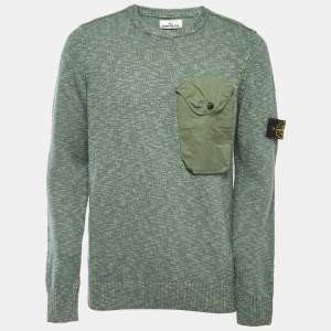 Stone Island Green Wool Blend Pocket Detailed Crew Neck Sweater L