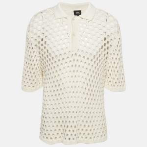 Stussy Off White Crochet Knit Sheer Polo T-Shirt L