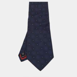 Pre Owned S.T. Dupont Navy Blue Geometric Patterned Silk Jacquard Traditional Tie