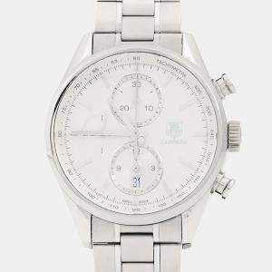 مملوكة مسبقًا ساعة يد رجالية تاغ هيور كاريرا كرونوغراف CAR2111-3 أوتوماتيكية بيضاء ستانلس ستيل 41مم