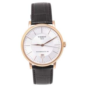 Tissot Silver Rose Gold Plated Stainless Steel Leather Caron Premium Powermatic 80 T122.407.36.031.00 Men's Wristwatch 40 mm 