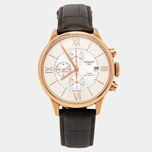 Tissot Silver Rose Gold Plated Stainless Steel Leather T-Classic Chemin Des Tourelles T099.427.36.038.00 Men's Wristwatch 44 mm 