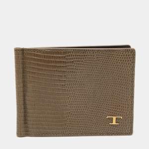 Tod's Khaki Green Lizard Embossed Leather Money Clip