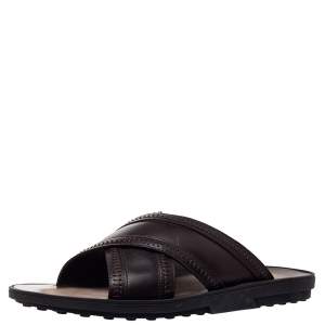 Pre Owned Tod's Brown Leather Crossed Strap Flat Sandals Size 41