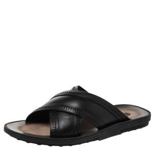 Tod's Black Leather Cross Strap Flat Sandals Size 41.5