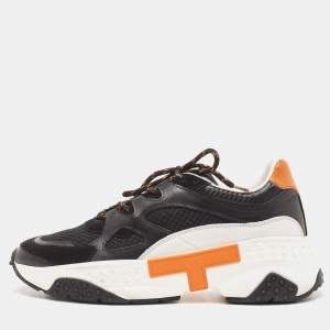 Tod's Black/Orange Mesh and Leather Chunky Platform Sneakers Size 42